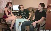 Group pron scene of two guys taking on brown-haired hottie in redhead fucking kissing riding 3 some doggystyle sofa natural tits girlfriend