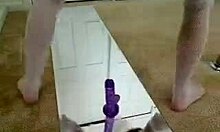 mischievous 18+ slut in stockings plays with purple dildo by mirror 😈