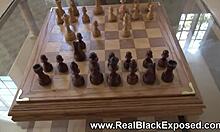 Ebony girlfriend shows shaved pierced pussy in close-up POV