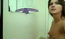 mischievous 18+ slut in stockings plays with purple dildo by mirror 😈