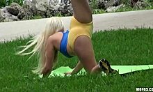 Blonde Yoga Chick Spreading and Riding Firm Tits in Public Park
