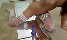 mischievous 18+ slut in stockings plays with purple dildo by mirror 😈