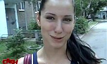 Smiley slutty cheerleader gets pounded hard outdoor with cum in mouth