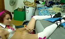 fun little 18+ slut rubbing her clitoris over her red panties.