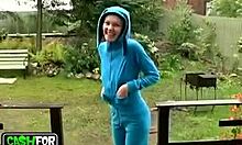 Sexy blonde bombshell poses on car before outdoor sex?