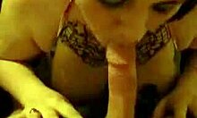 Gal with tattooed breasts knows how to please her boyfriend with a blowjob and cum on tits