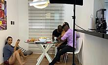 Making of: Patroa Sandy Cortez takes hard pounding from employees to ease stress in wild anal action.