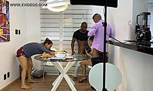 Making of: Patroa Sandy Cortez takes hard pounding from employees to ease stress in wild anal action.