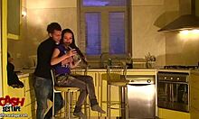 Doll with long dark hair on her knees giving blowjob in kitchen 😍