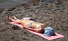 Dirty Pervert Spies on Half-Naked Tanned Babe Sunbathing on Beach