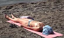 Dirty Pervert Spies on Half-Naked Tanned Babe Sunbathing on Beach
