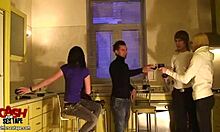 Doll with long dark hair on her knees giving blowjob in kitchen 😍