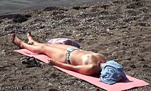 Dirty Pervert Spies on Half-Naked Tanned Babe Sunbathing on Beach