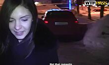 Naive brunette teen flashes in the freezing winter cold