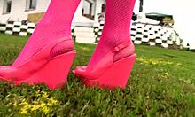 Sexy blonde with oiled sexy body in naughty bodystocking