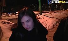 Naive brunette teen flashes in the freezing winter cold