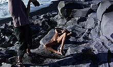 This athletic brunette climbs sharp rocks completely naked, showing off her perfect body.