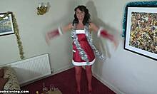 cheerful brunette flashes big natural tits in lingerie outfit