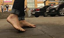 Smoking Hot Skinny Teen Ditches Shoes for Barefoot Fetish Walk!