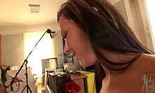 Naked Brunette On Her Knees Deepthroats Big Cock With Shaved Pussy