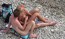 Slutty Blonde Babe Kissing Nudist Boyfriend on Public Beach