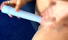 Tanned bitch masturbates intensely with vibrator and dildo