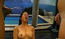 Busty Brunette Pleasures Multiple Dicks and Gets Soaked in Golden Shower