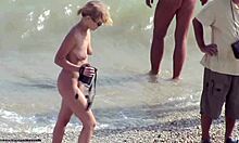 Slim Blonde with Long Legs Shows Shaved Body in Glasses