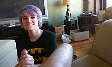 Purple-haired GF kneels to jerk and suck my cock
