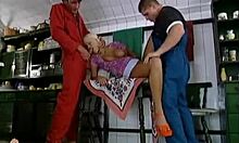 i'm a colorful blonde gettin' fucked hard by two huge dudes in the garage