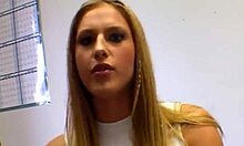 blond-haired pornstar sitting in makeup chair talking dirty on cam no sex