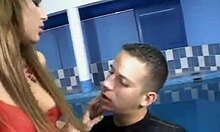 Brown-haired beauty dominates a hard cock on leather couch