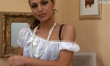 dark-haired babe masturbates with toys in stockings and lingerie