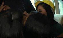 two dark-haired girlfriends blow a hung tradesman right here 😏