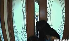 two dark-haired girlfriends blow a hung tradesman right here 😏