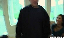 two dark-haired girlfriends blow a hung tradesman right here 😏