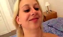 Blond-haired amateur with big tits sucks cock naughtily