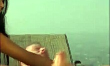 Two busty girlfriends give blowjob and ride cock outdoors