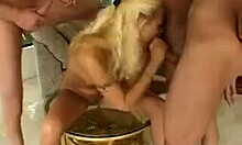 tanned blonde enjoys ruthless blow-bang with amateurs in high quality. cum in mouth action