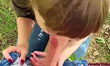 Girl sucks boyfriend's cock outdoors