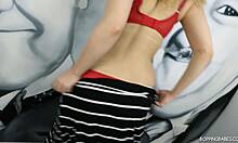 Curly-haired BBW GF strips naked and shows her big tits!