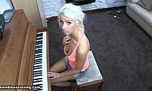 Ponytailed Blonde Plays Piano in Denim Shorts