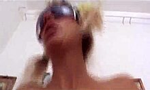 blonde with hairy pussy and big booty rides cowgirl in close-up anal scene.