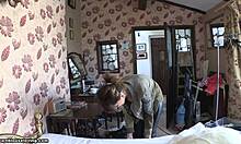 seductive brunette housewife shows hot body to camera?