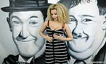 Curly-haired BBW GF strips naked and shows her big tits!