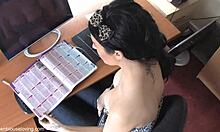 Brunette Housewife's Relaxed Moment At Work Desk