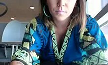 Blue-Dressed Milf Girlfriend Masturbates Smooth Pussy in Coffee Shop Webcam