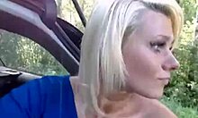 Blond-haired teen amateur teases her wet pussy with close-up shots in a car in the middle of nowhere