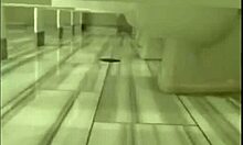 blonde woman uses toys for self-pleasure in public restroom