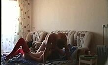 Sex-crazed hottie in red stockings, blowjob before doggystyle on swing?